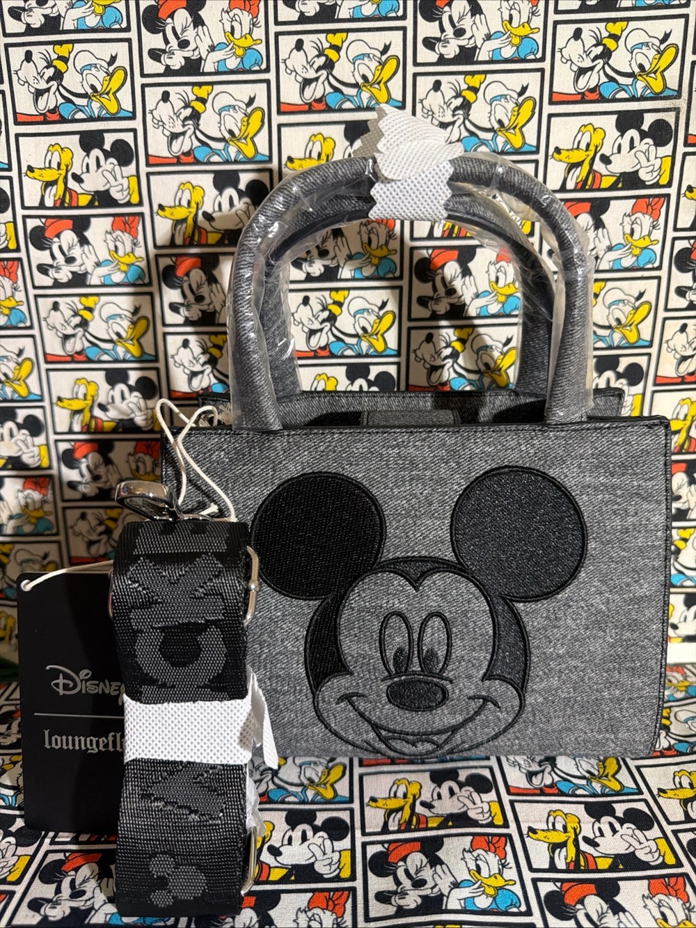Loungefly Disney Mickey Mouse Gray Denim Convertible Crossbody Purse 2025NWT